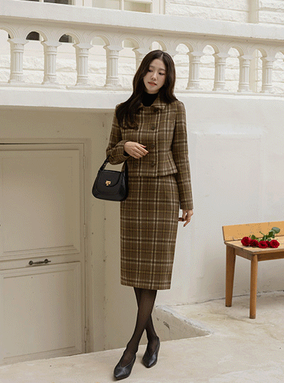 Cozy Wool Check H-line Set-up Skirt