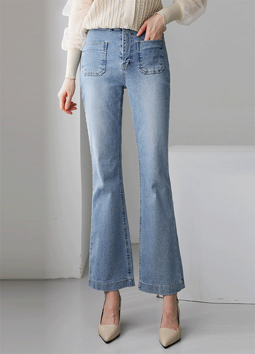 Semi High Elastic Waist Front Patch Pocket Boot-cut Jeans
