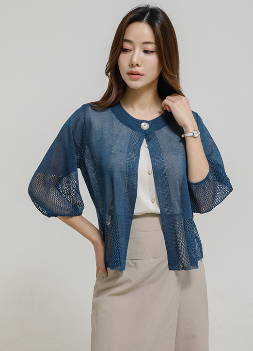 (6 Colors) Balloon 3/4 Sleeve Loose Fit Mesh Knit Cardigan