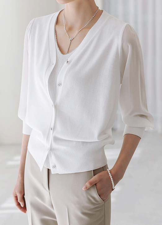 (5 Colors) Mixed Media V-Neck Chiffon 3/4 Sleeve Knit Cardigan