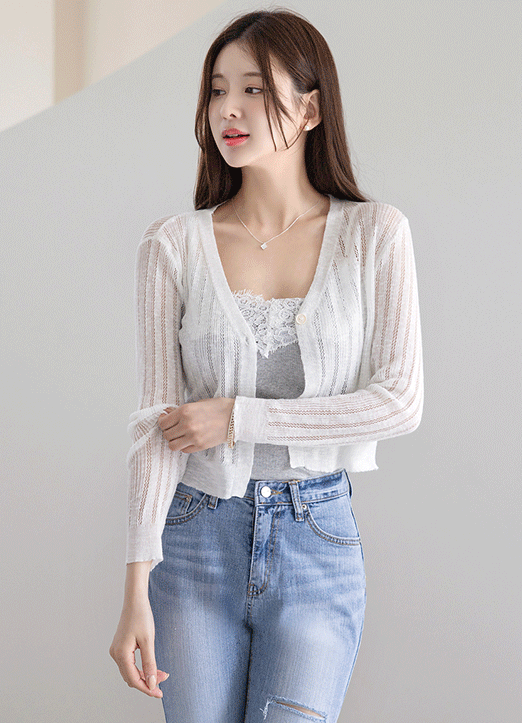 V-Neck Openwork Cropped Lightweight Knit Cardigan