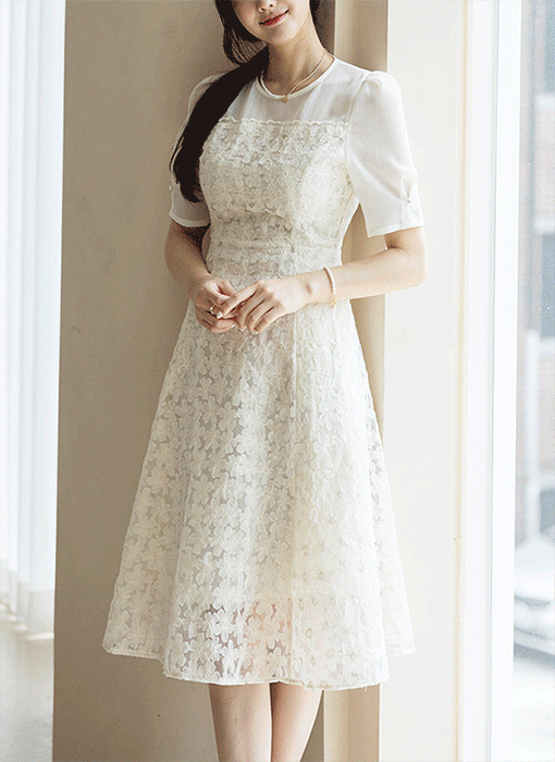[LouisAngel] Sheer Yoke Flower Embroidery Lace Flare Dress
