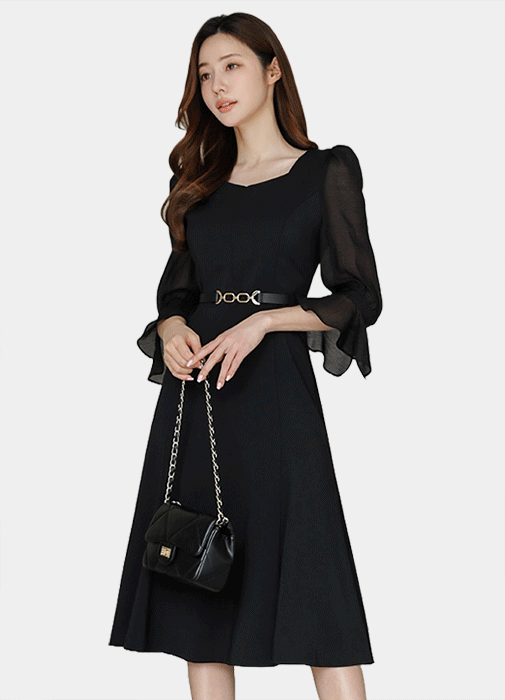 Heartneck 3/4 Chiffon Frill Sleeve Flare Dress w/ Belt