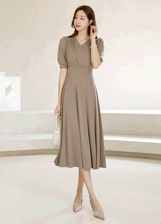 Tie Waist Wrap Design Shirring Flare Dress