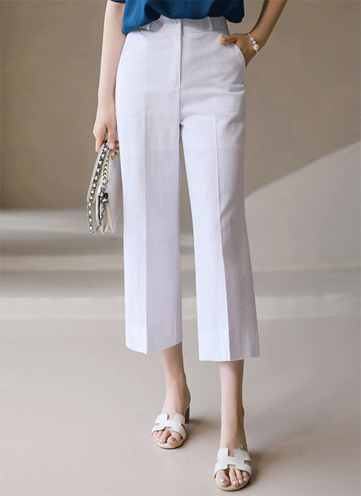 リネンブレンドサイドスリットクロップド丈パンツ pt41388