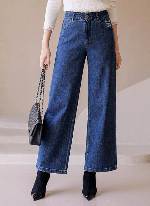 ウエストゴム バタフライ刺繍 ワイドデニムパンツ pt42817