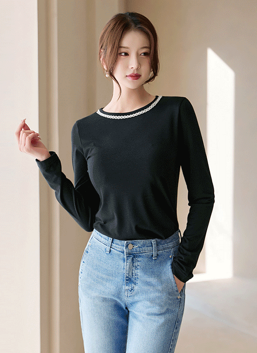 [LouisAngel] ゴールドレーステープ付きクルーネックTシャツ ts39141