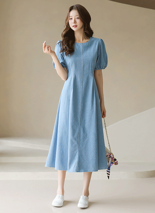 バルーン袖ウエストタックデニムロングワンピース op39714