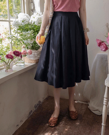 [Best Special Price 6,000 Won Discount] <FONT color=#5a3954>MADE LIN</font> Pradin Sugar Pintuck Linen Pleated Edge Fit Skirt [size: F (55~66)]