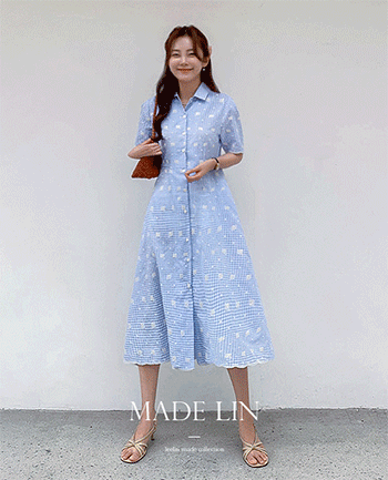 [Best Deal 7,000 KRW Discount] MADE LIN Melony Scallop Check Open Collar One Piece [size: F (55~66)]