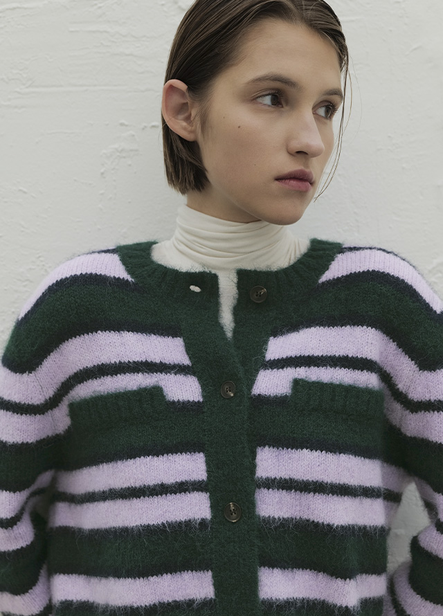 (CD-2082)Wool striped crop knit cardigan Korea